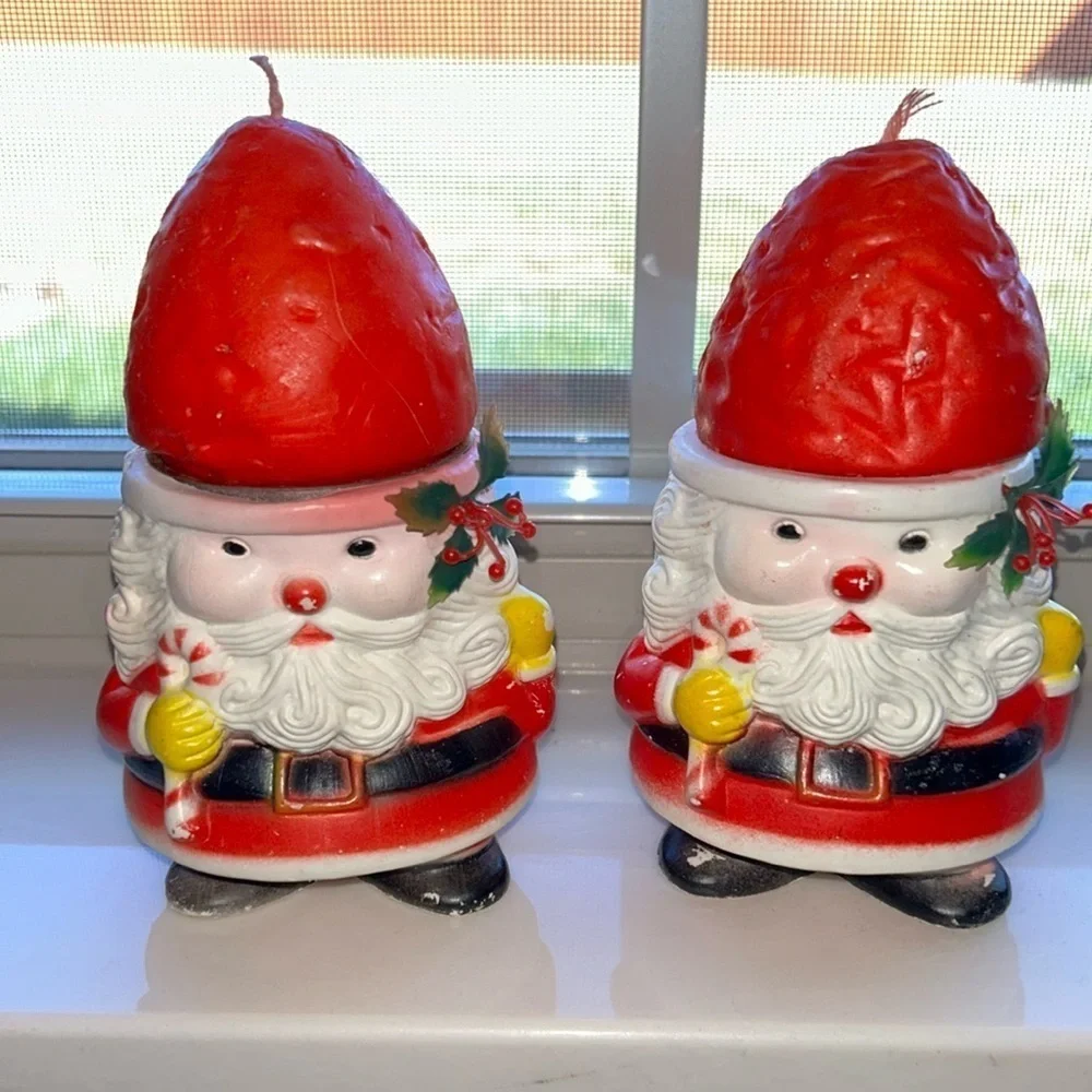 Santa Claus Vintage Plastic Figurines with Candle Hats